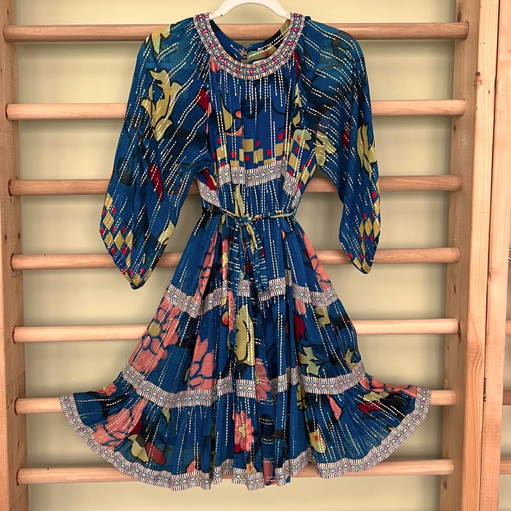 Verb palla vi singhee dress from Anthropologie, size 4. Teal w/gold detail.